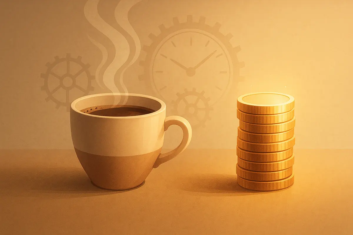 A creative digital illustration showing a coffee cup transforming into a stack of coins, symbolizing how small daily expenses accumulate into big financial impact.