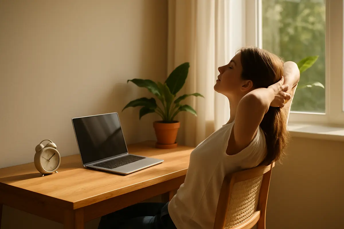 A minimalist digital illustration of a person sitting at a desk bathed in gentle sunlight while a glowing timer hovers nearby, symbolizing short mindful breaks that recharge focus.