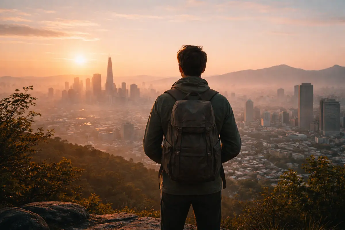 A photorealistic image of a traveler with a single backpack overlooking a city skyline at sunrise, symbolizing minimalist and flexible travel.