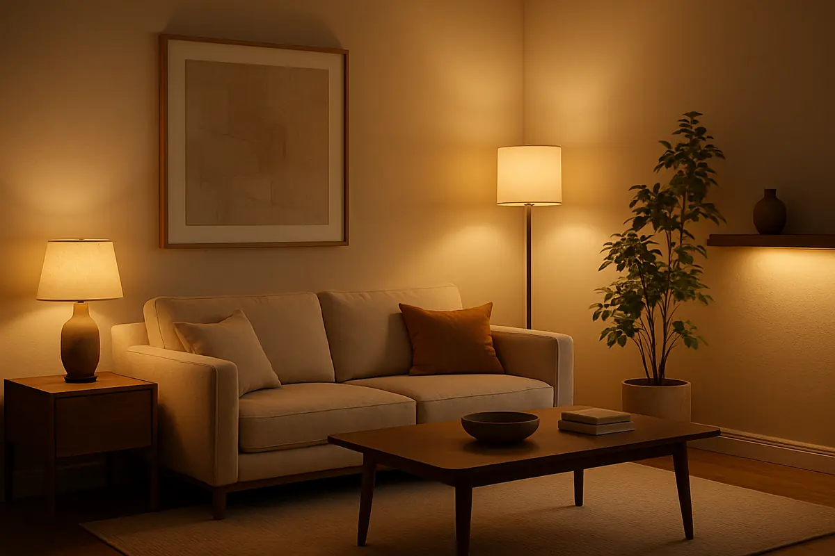 A warm, modern living room with layered lighting creating a cozy and luxurious atmosphere.