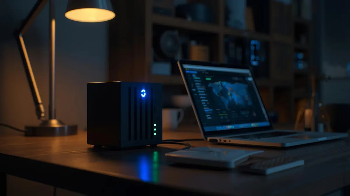 A realistic home office setup with a compact NAS device glowing softly beside a laptop and router, symbolizing private cloud storage.