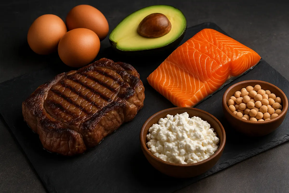 A vibrant overhead photo of grilled steak, salmon, eggs, and avocado on a dark slate surface, symbolizing high-quality protein sources for health and longevity.
