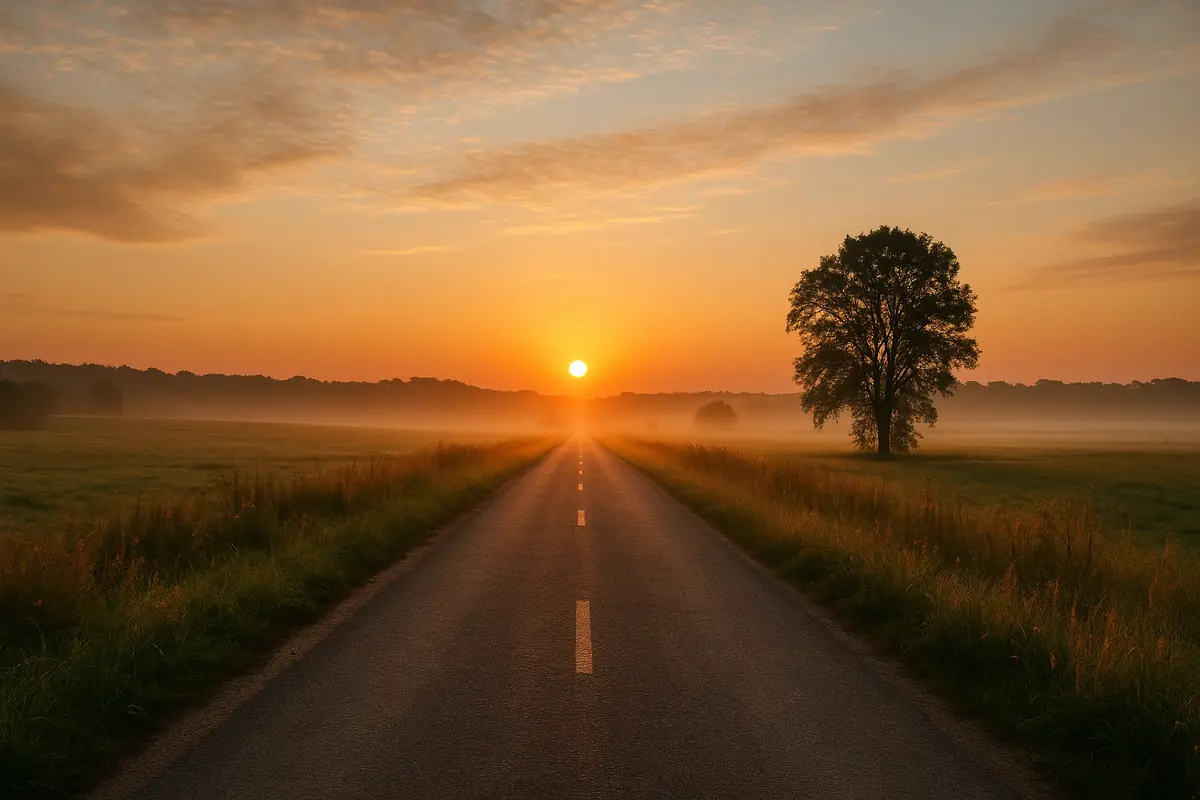 A realistic sunrise illuminating a single stepping stone path across calm water, symbolizing the quiet power of consistency.