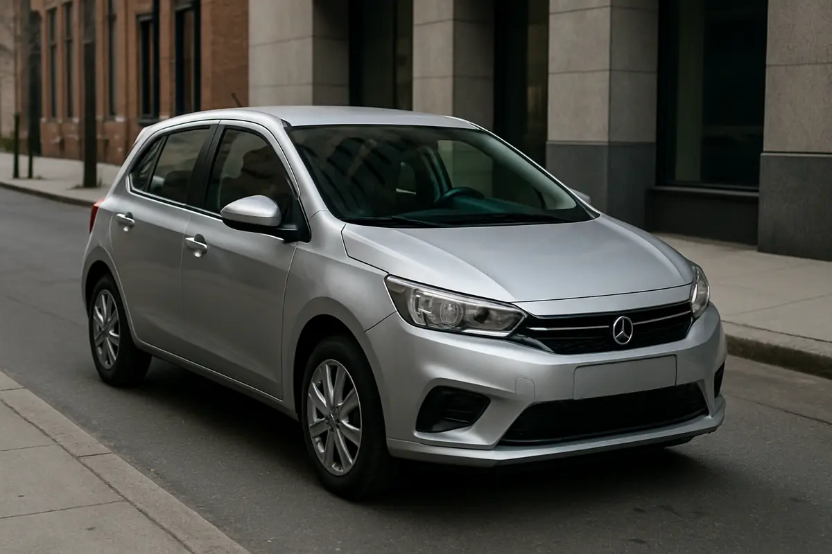 A realistic modern compact car parked in a city street, symbolizing the rise of small urban vehicles.