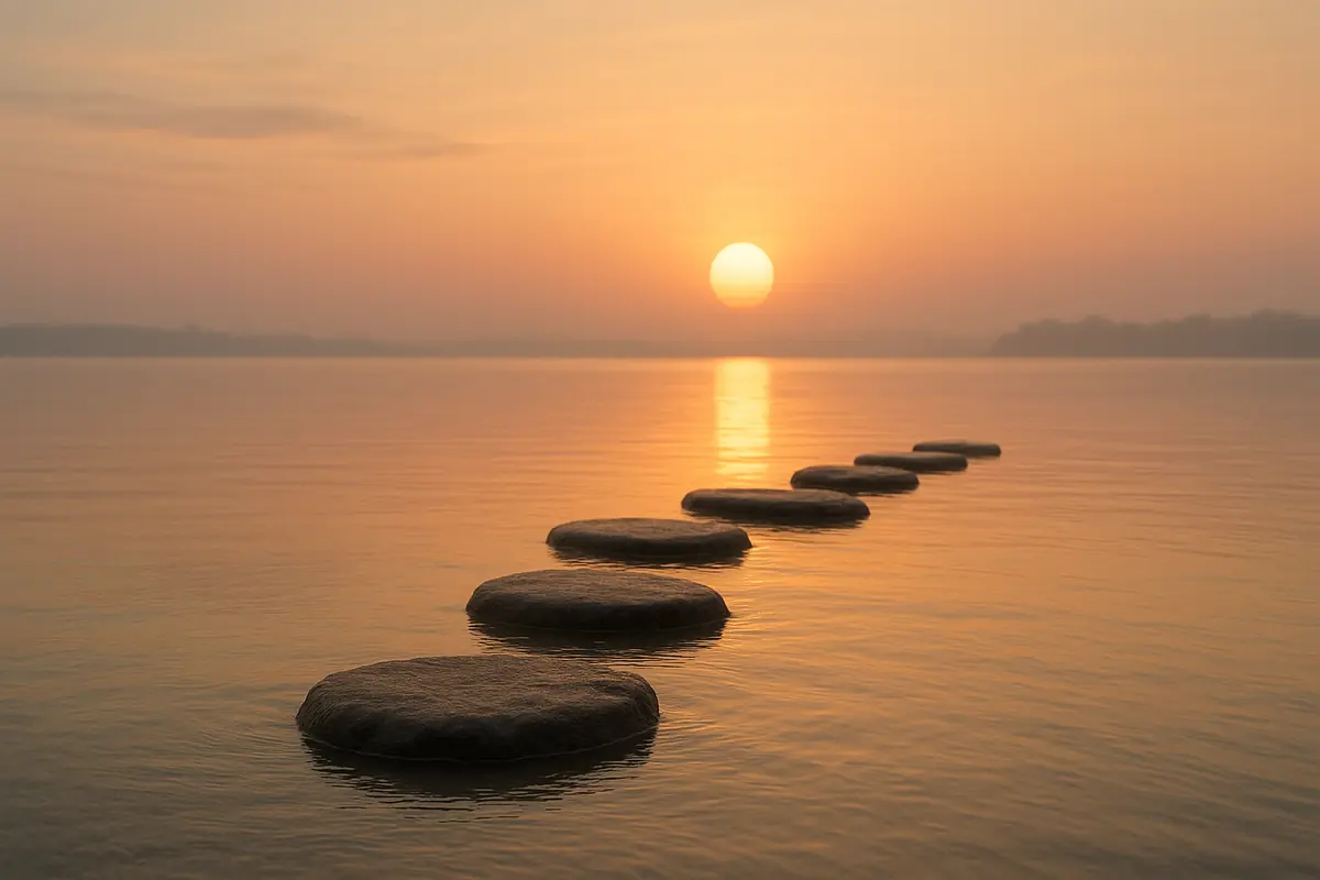 A calm sunrise shining over small stepping stones, symbolizing small wins leading to big change.