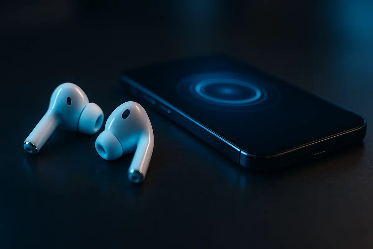 A sleek pair of futuristic smart earbuds glowing beside a smartphone, representing next-generation wearable technology.