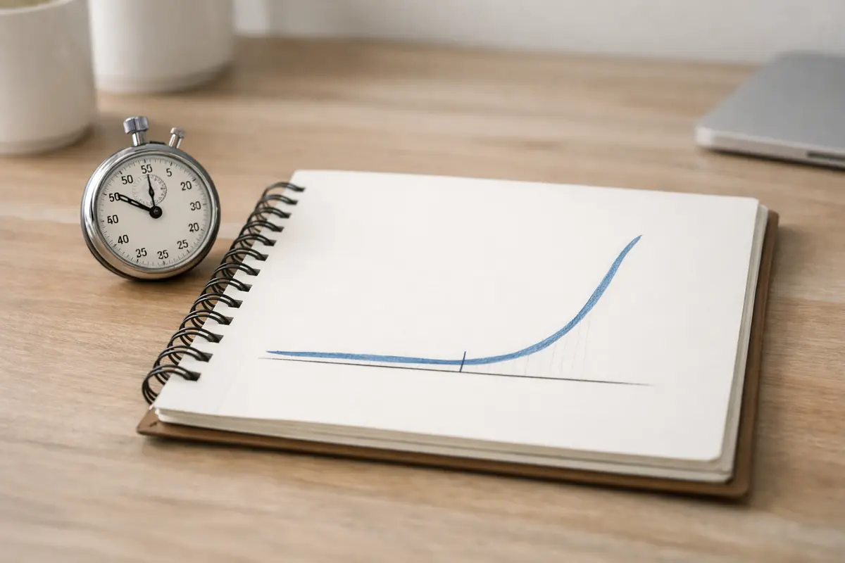 A realistic photo of a notebook with a progress line rising sharply after a slow start, symbolizing early learning curves.