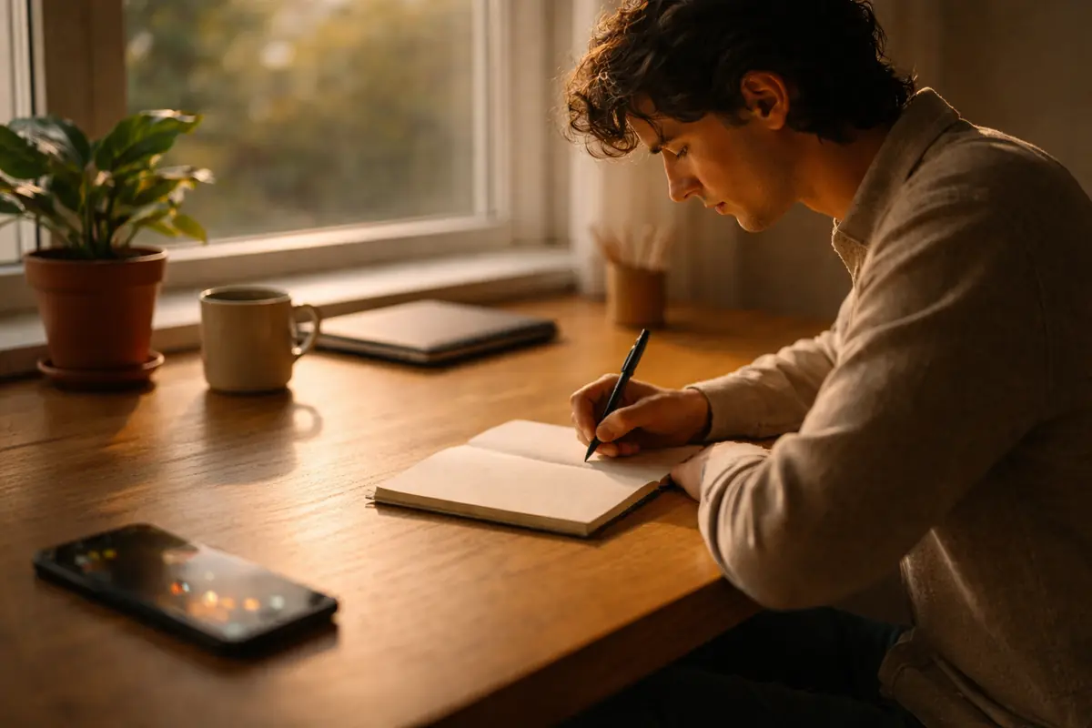 A realistic photo of a person calmly working at a wooden desk with soft sunlight and minimal distractions, symbolizing focused single-task work.