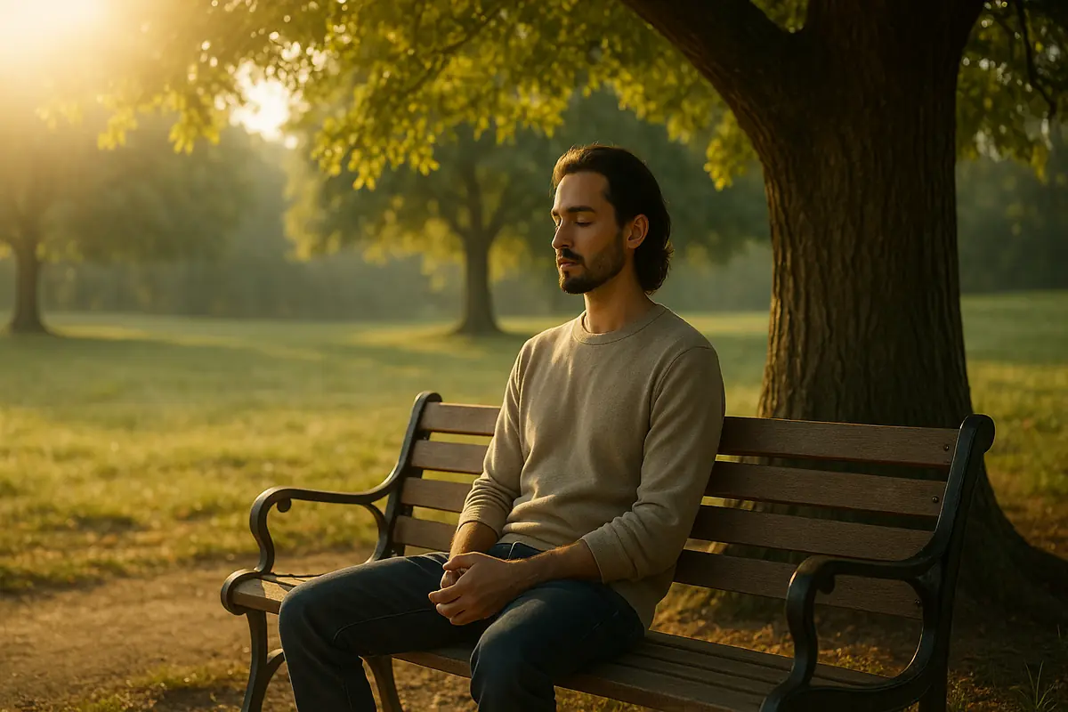 A calm minimalist illustration of a person sitting peacefully on a bench under a tree, surrounded by soft light and open space, symbolizing the philosophical art of doing nothing and finding stillness in thought.