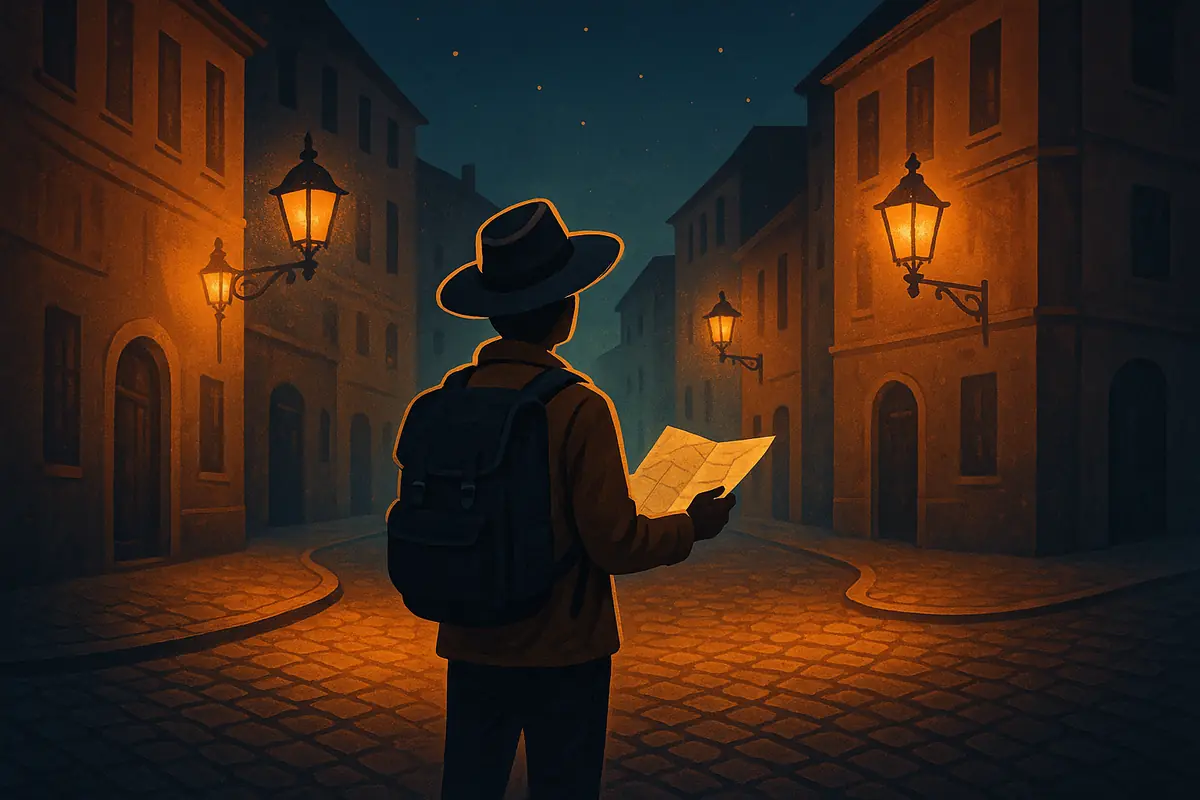 A traveler standing at a cobblestone crossroads in a foreign city at dusk, holding a folded map, surrounded by warm streetlights symbolizing curiosity and discovery.