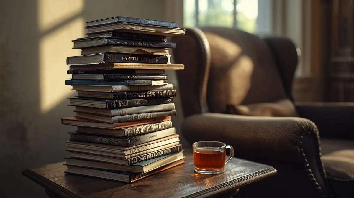 A tall stack of colourful books on a wooden floor beside a reading chair in warm afternoon light