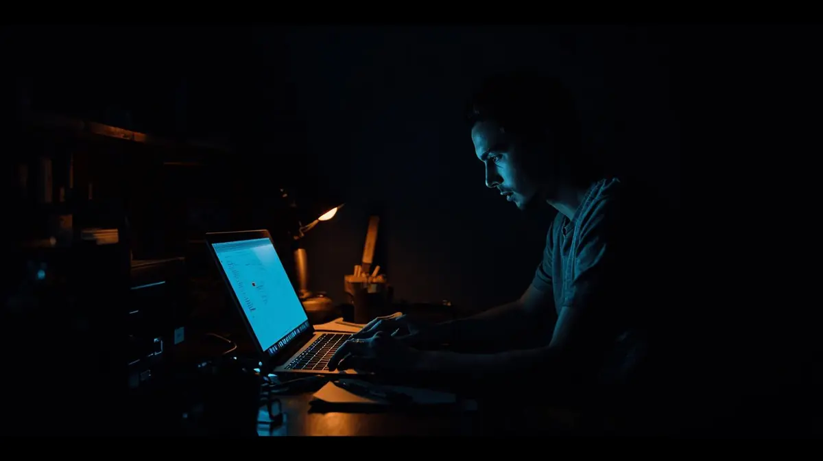 A person at a laptop working late at night with a focused but relaxed expression, suggesting a solo founder building something small and specific