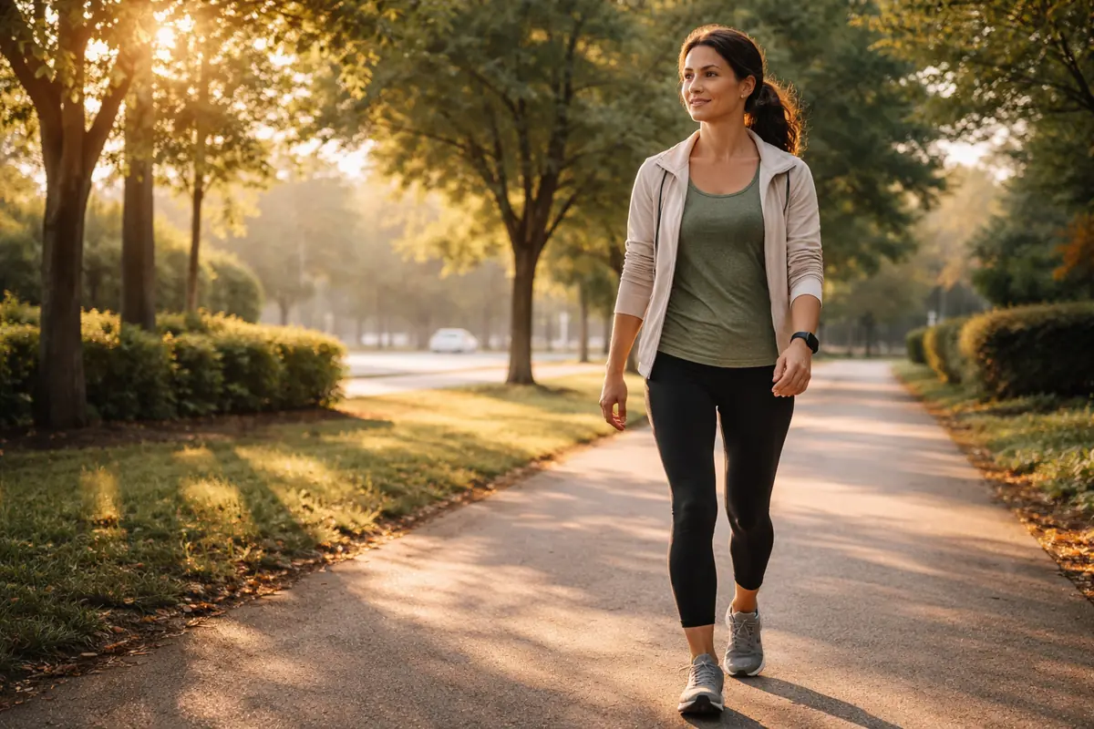 A realistic adult walking briskly through soft morning light on a tree-lined path, symbolizing daily movement and better health.