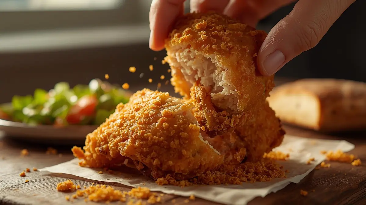 A realistic close-up of a person breaking a crispy piece of bread, with visible crumbs and sharp texture under soft natural light.