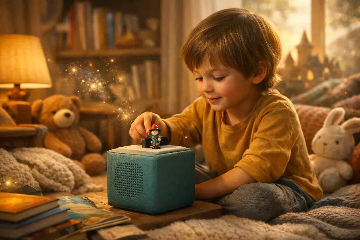 A realistic child placing a small story figurine on an audio box in a cozy, screen-free reading corner.