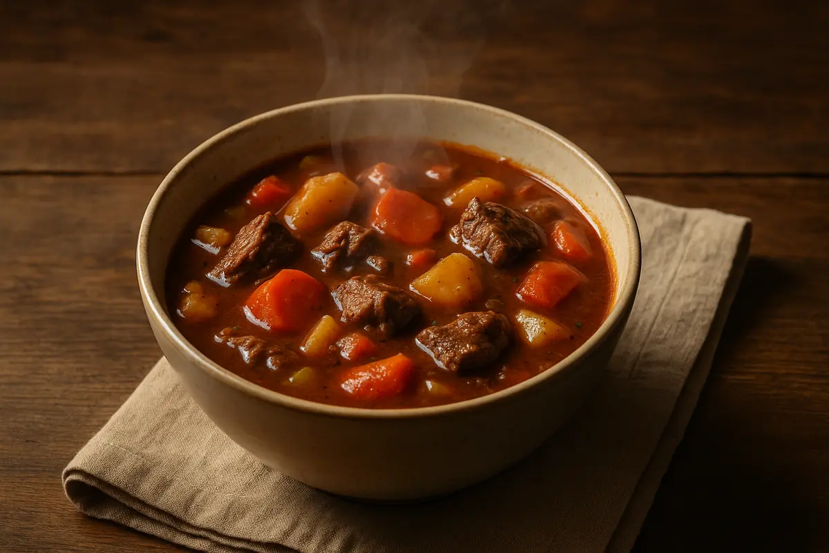 A realistic close-up of a reheated bowl of stew on a wooden table, with visible steam and rich blended colors showing deepened flavors.