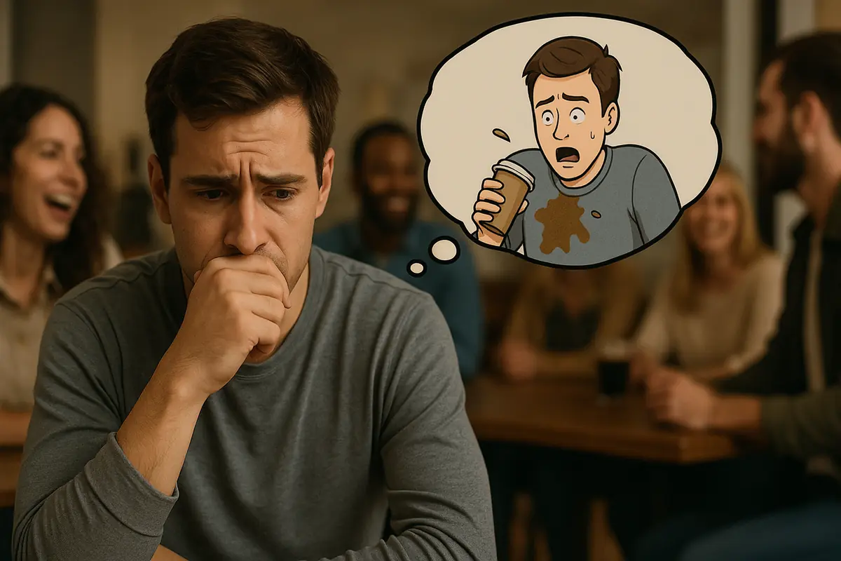 A realistic scene showing a person remembering an embarrassing moment, with a vivid flashback bubble above their head in a crowded social setting.
