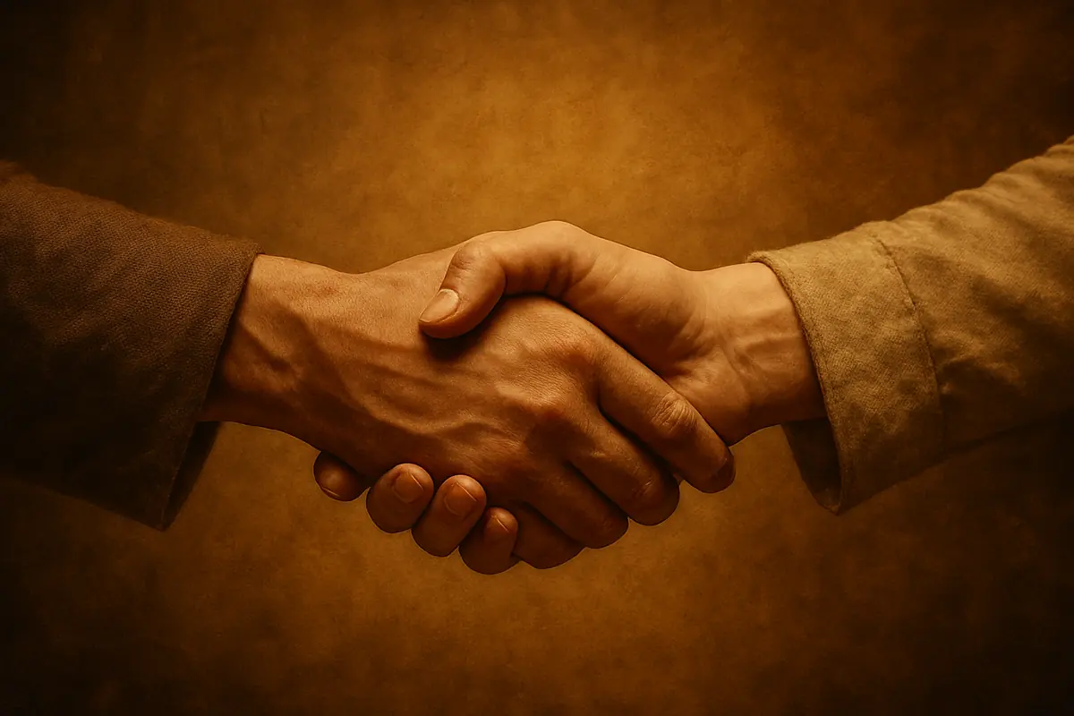A realistic close-up of two hands meeting in a traditional handshake over a warm parchment background, symbolizing the historical origins of the gesture.
