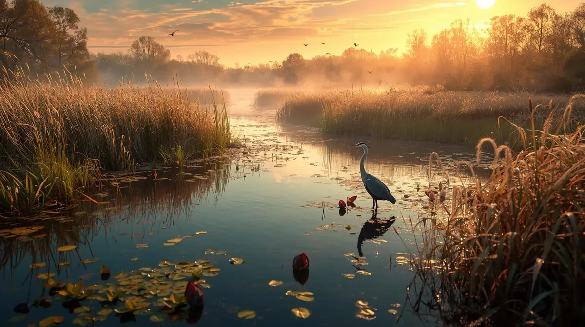 A realistic wide view of a lush wetland with calm water, tall reeds, and birds flying above at sunset.