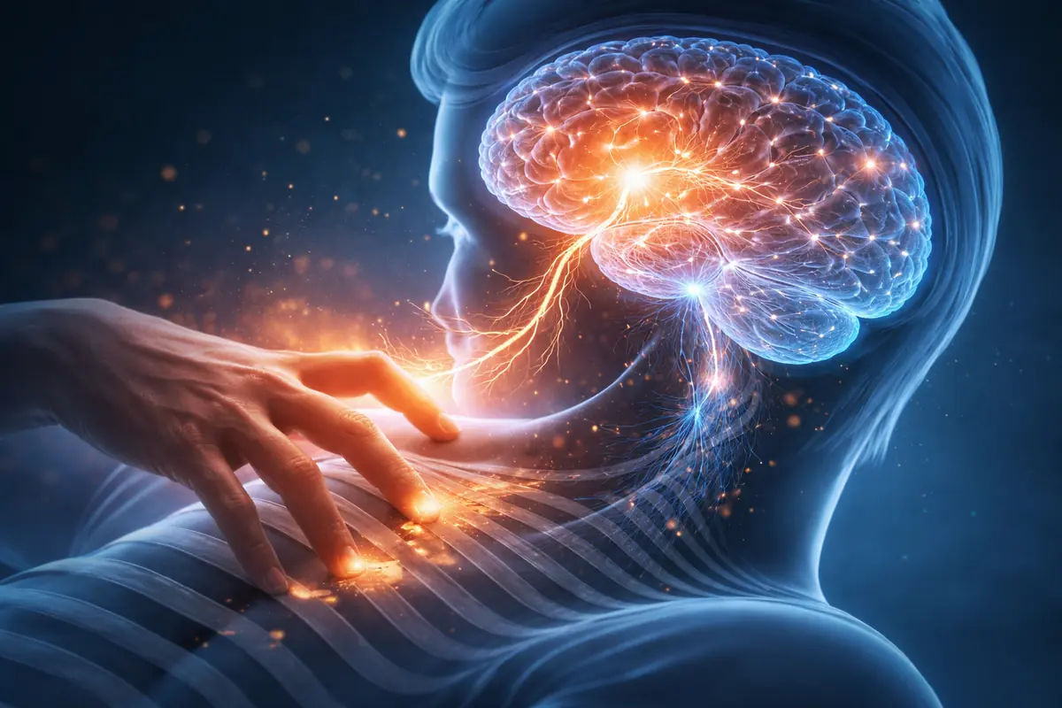 A conceptual illustration of a human brain predicting motion, symbolizing how the brain cancels self-generated sensations.